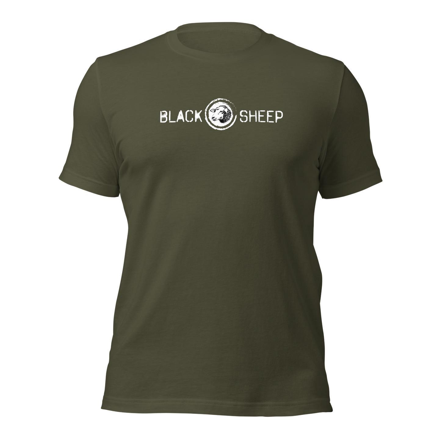 Militärgrünes Unisex T-Shirt mit Black Sheep Schriftzug und kleinem Schafskopf auf Brusthöhe