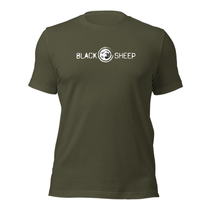 Militärgrünes Unisex T-Shirt mit Black Sheep Schriftzug und kleinem Schafskopf auf Brusthöhe