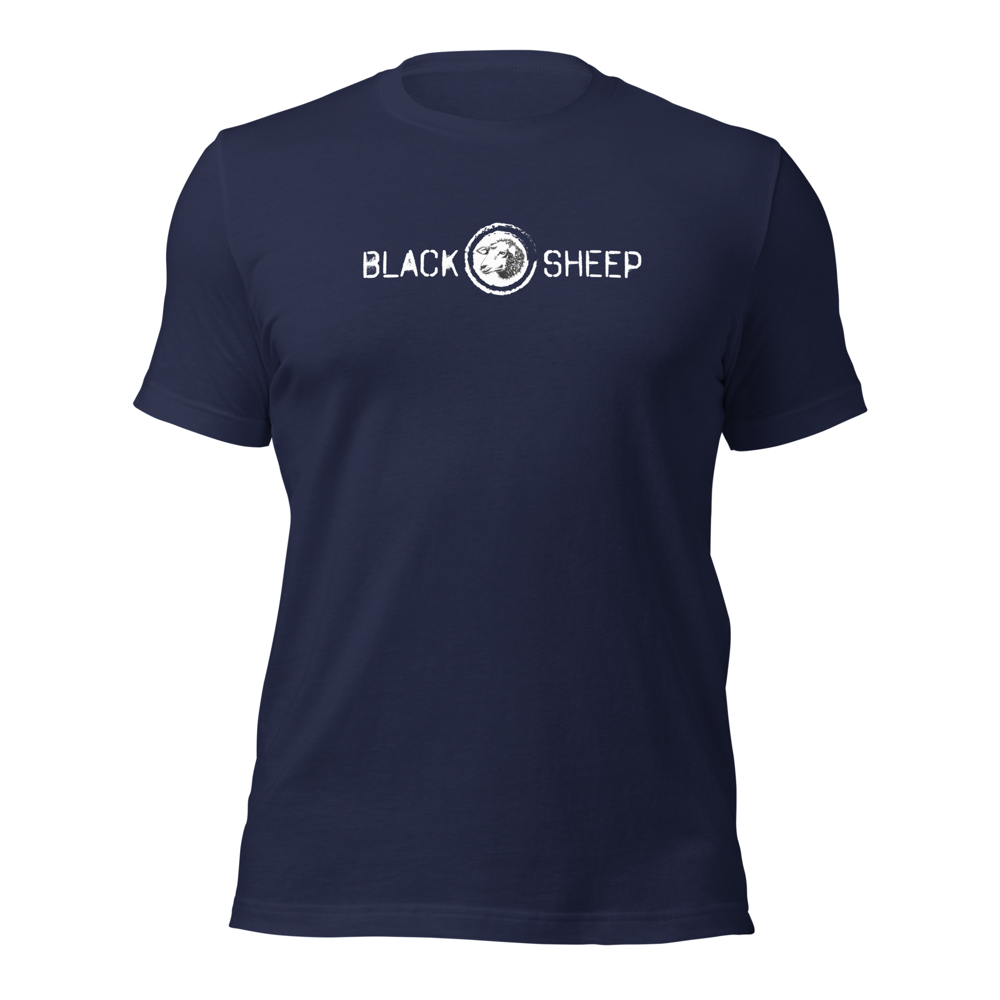 Navy Unisex T-Shirt mit Black Sheep Schriftzug und kleinem Schafskopf auf Brusthöhe