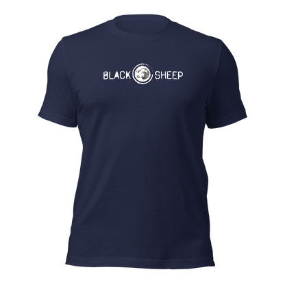 Navy Unisex T-Shirt mit Black Sheep Schriftzug und kleinem Schafskopf auf Brusthöhe