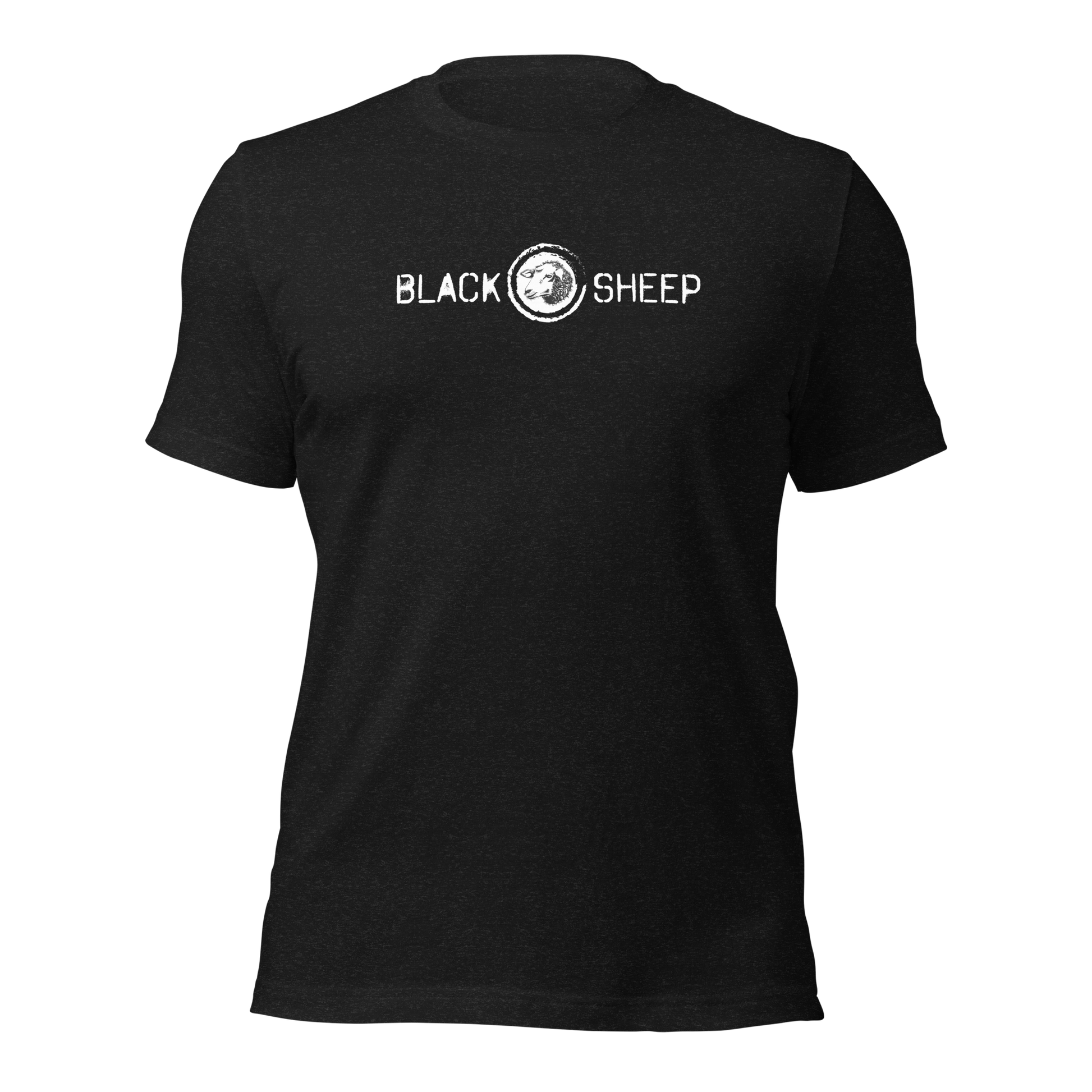 Heather schwarzes Unisex T-Shirt mit Black Sheep Schriftzug und kleinem Schafskopf auf Brusthöhe