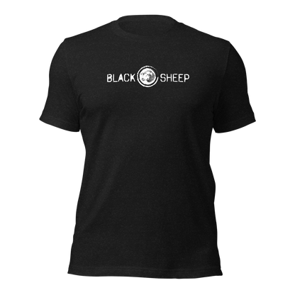 Heather schwarzes Unisex T-Shirt mit Black Sheep Schriftzug und kleinem Schafskopf auf Brusthöhe