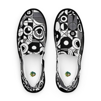 Zwei Herren Slip Ons mit schwarz weißem symmetrischem Muster Obenansicht