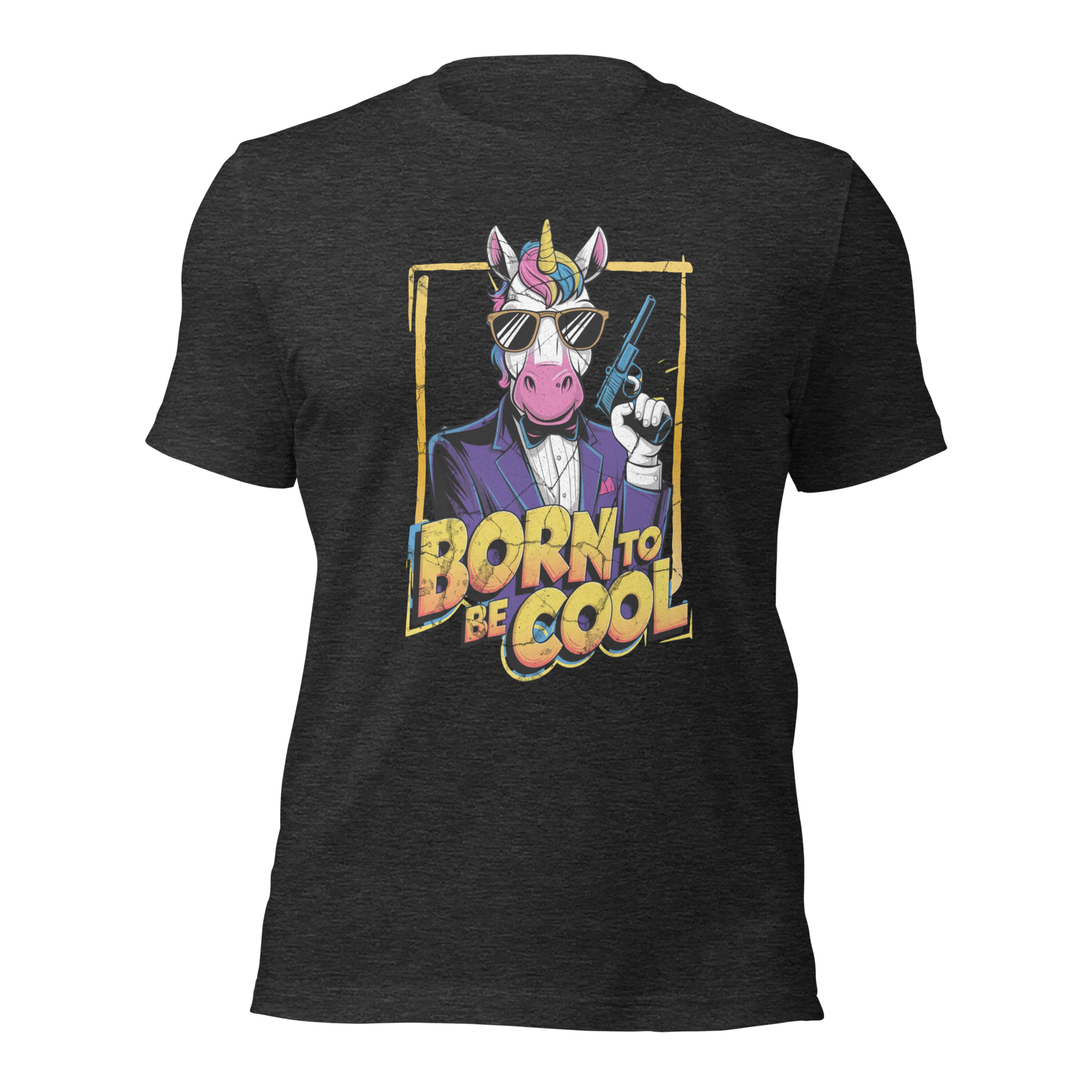 Heather dunkelgraues Unisex T-Shirt mit Einhorn das Revolver hält und Born to be Cool Print