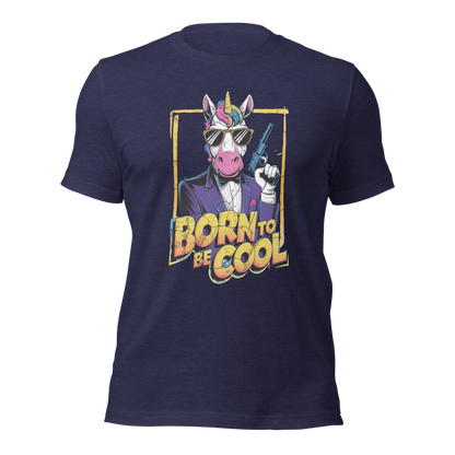 Heather Mitternachts blaues Unisex T-Shirt mit Einhorn das Revolver hält und Born to be Cool Print