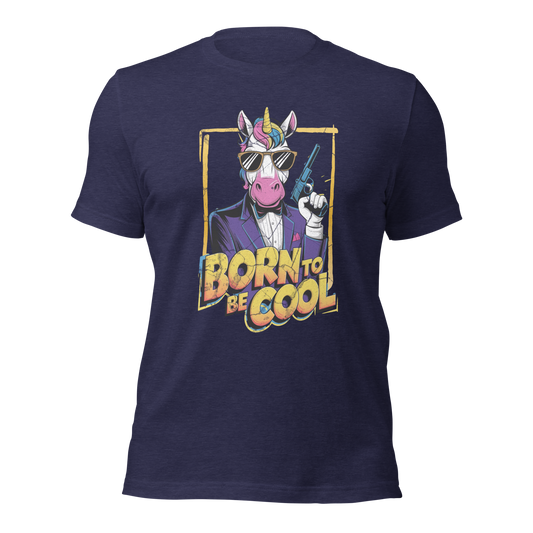Heather Mitternachts blaues Unisex T-Shirt mit Einhorn das Revolver hält und Born to be Cool Print