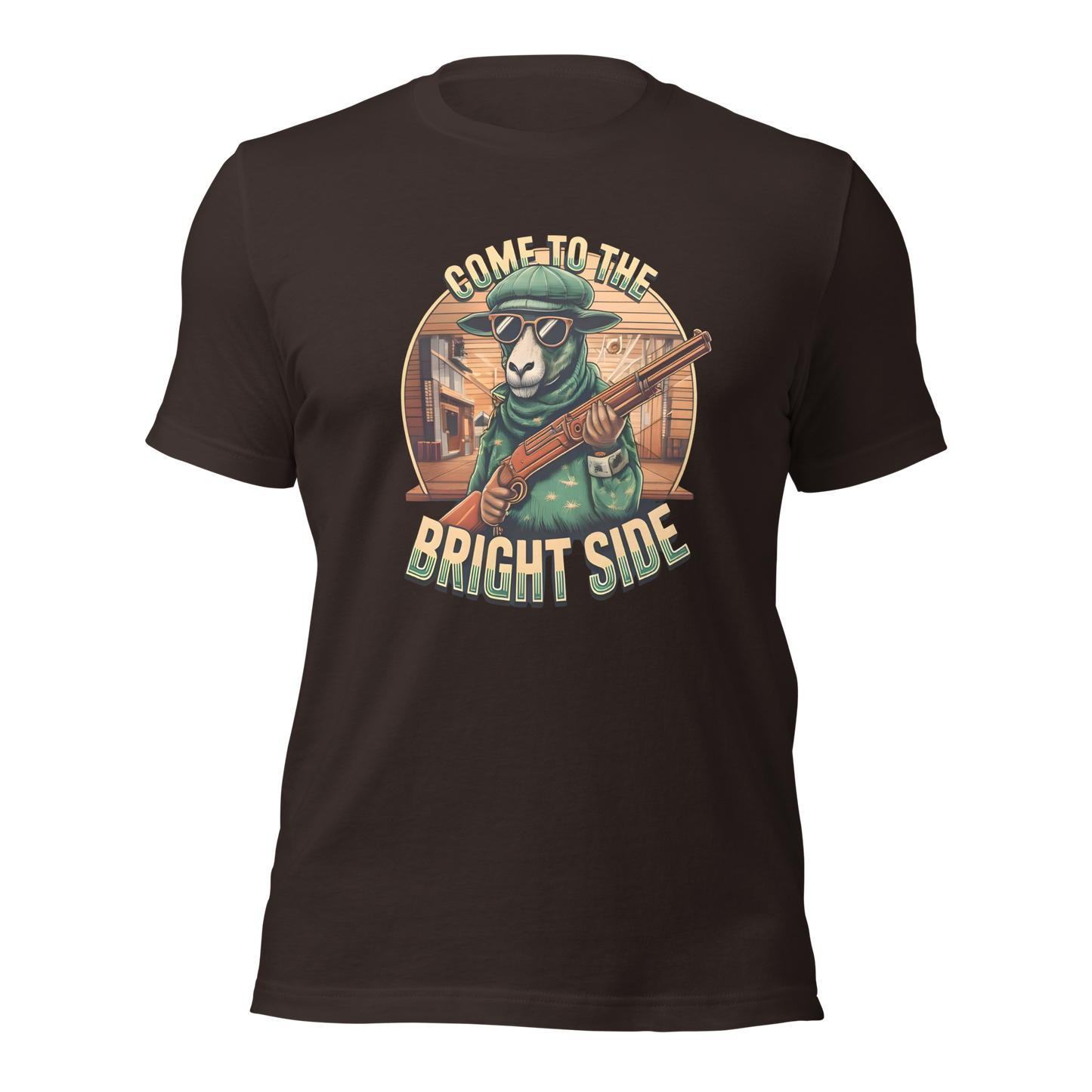 Braunes Unisex T-Shirt mit Schaf das Shotgun hält und Come to the Bright Side Schriftzug
