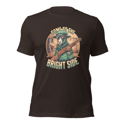 Braunes Unisex T-Shirt mit Schaf das Shotgun hält und Come to the Bright Side Schriftzug