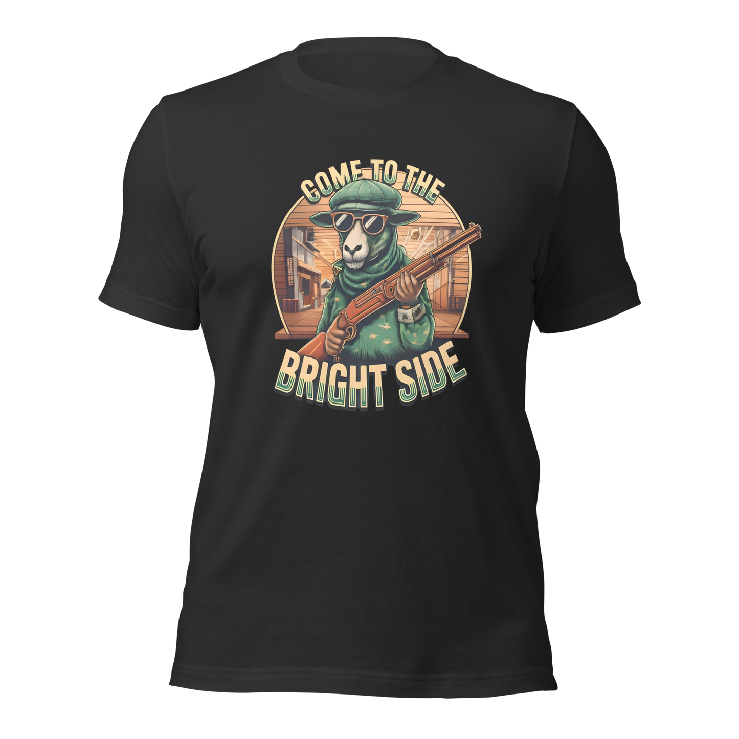 Dunkelgraues Unisex T-Shirt mit Schaf das Shotgun hält und Come to the Bright Side Schriftzug