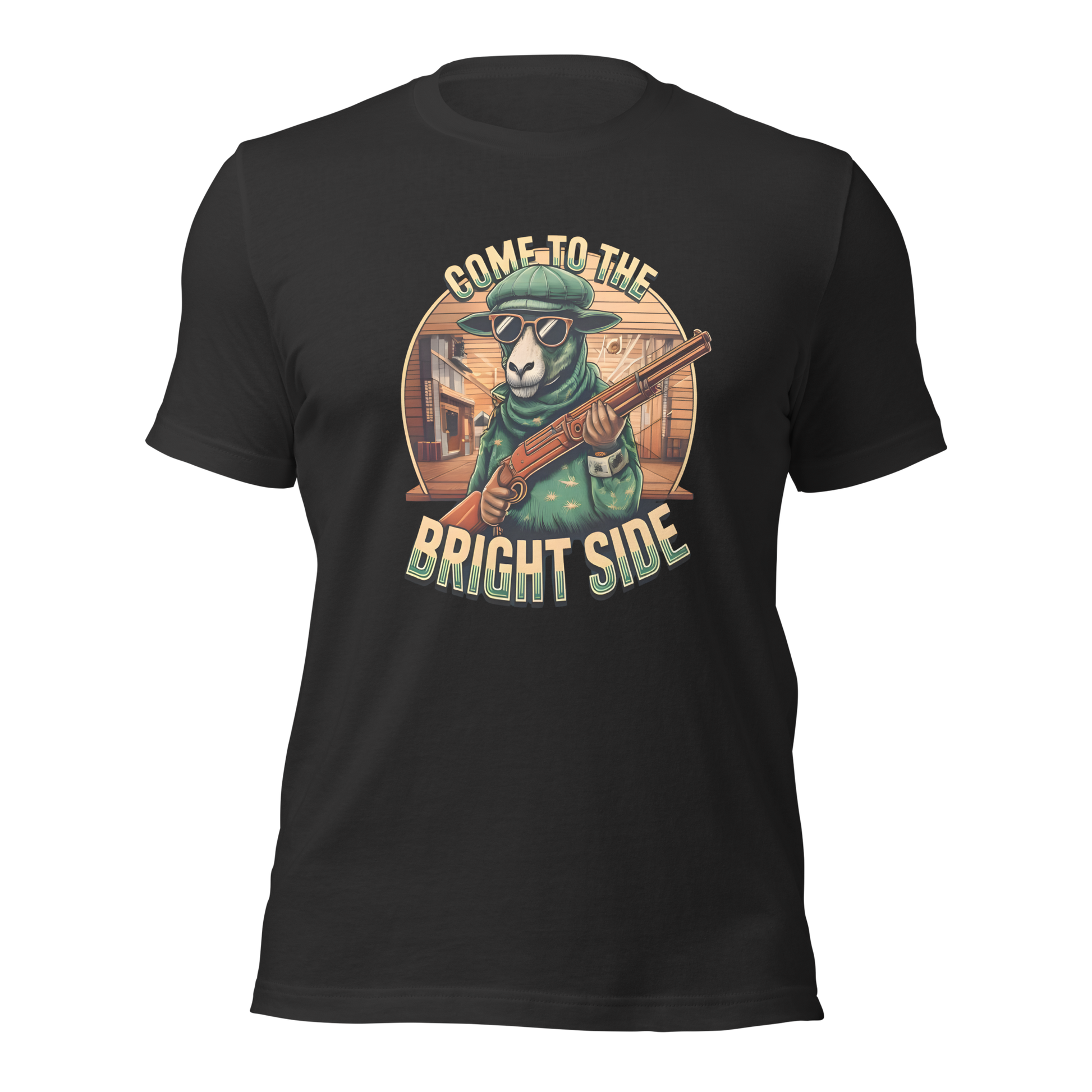 Dunkelgraues Unisex T-Shirt mit Schaf das Shotgun hält und Come to the Bright Side Schriftzug