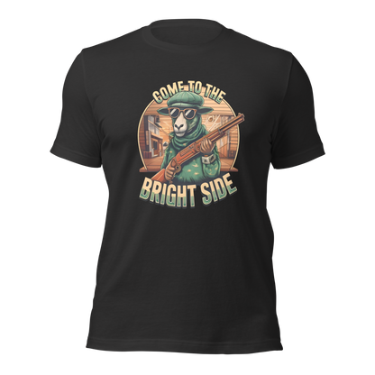 Dunkelgraues Unisex T-Shirt mit Schaf das Shotgun hält und Come to the Bright Side Schriftzug
