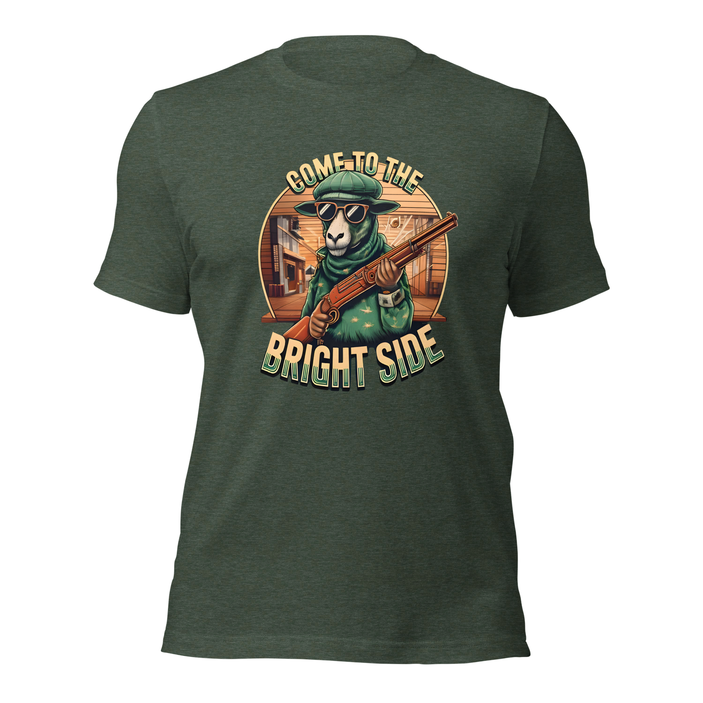Heather Wald farbendes Unisex T-Shirt mit Schaf das Shotgun hält und Come to the Bright Side Schriftzug