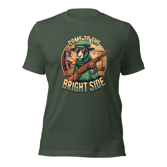 Heather Wald farbendes Unisex T-Shirt mit Schaf das Shotgun hält und Come to the Bright Side Schriftzug