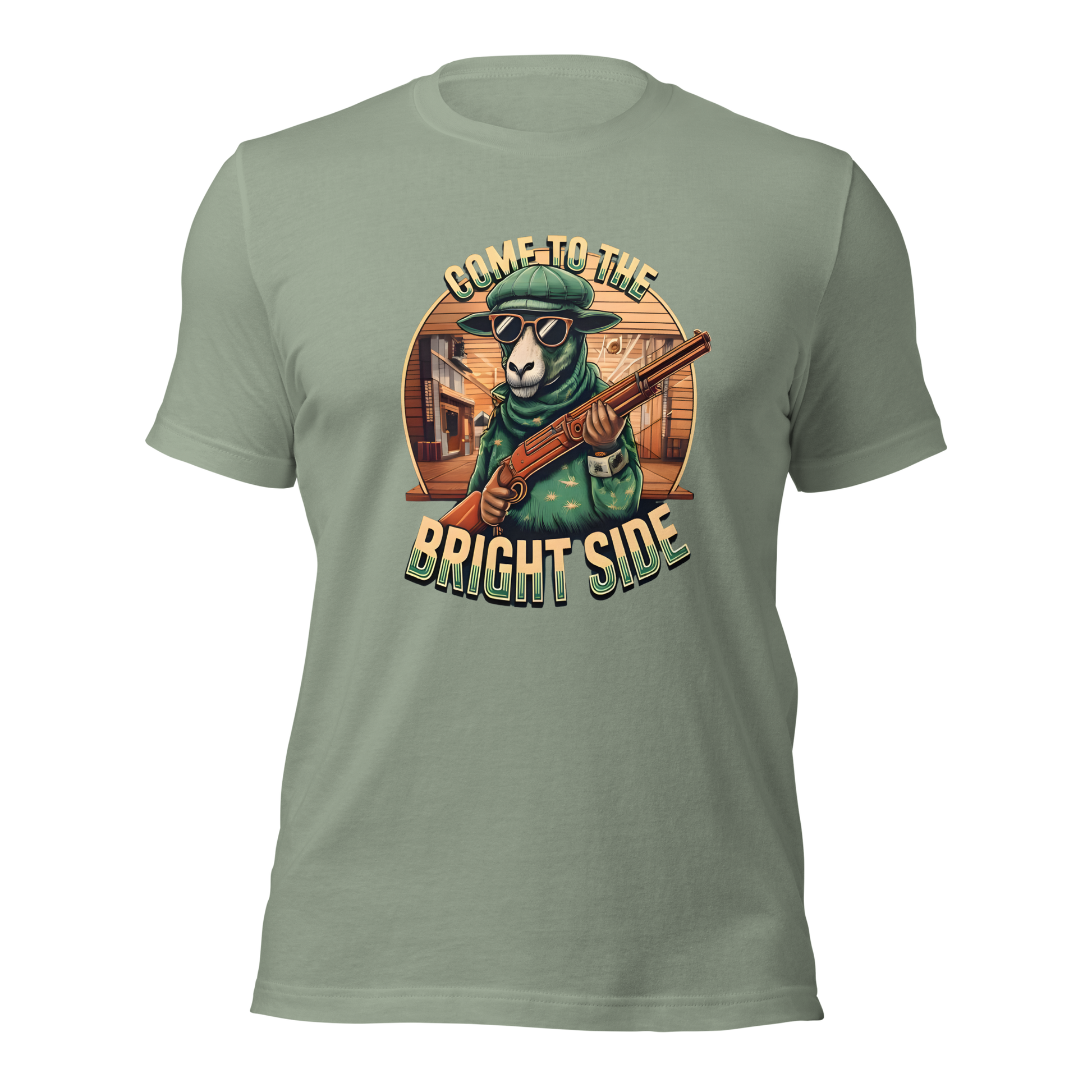 Mintgrünes Unisex T-Shirt mit Schaf das Shotgun hält und Come to the Bright Side Schriftzug