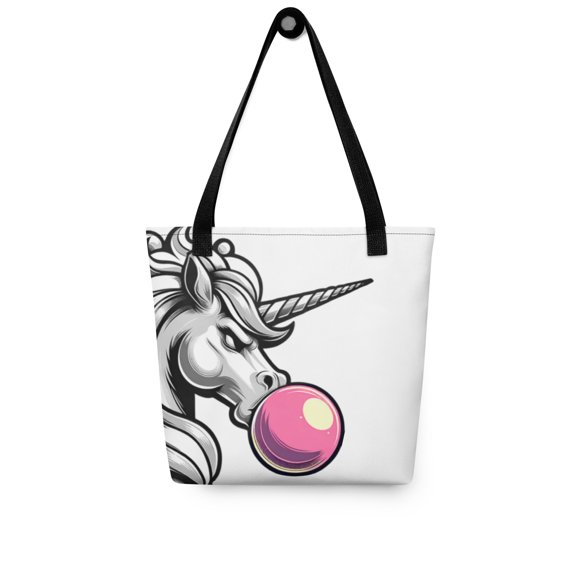 Weißer Allover Beutel mit Einhorn das Kaugummiblase macht mit schwarzem Hänkel