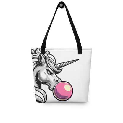 Weißer Allover Beutel mit Einhorn das Kaugummiblase macht mit schwarzem Hänkel