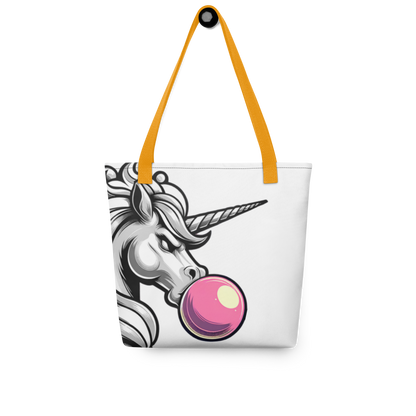 Weißer Allover Beutel mit Einhorn das Kaugummiblase macht mit gelbem Hänkel