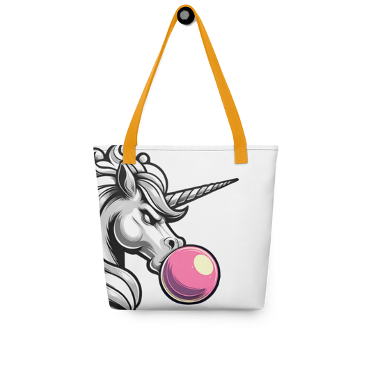 Weißer Allover Beutel mit Einhorn das Kaugummiblase macht mit gelbem Hänkel