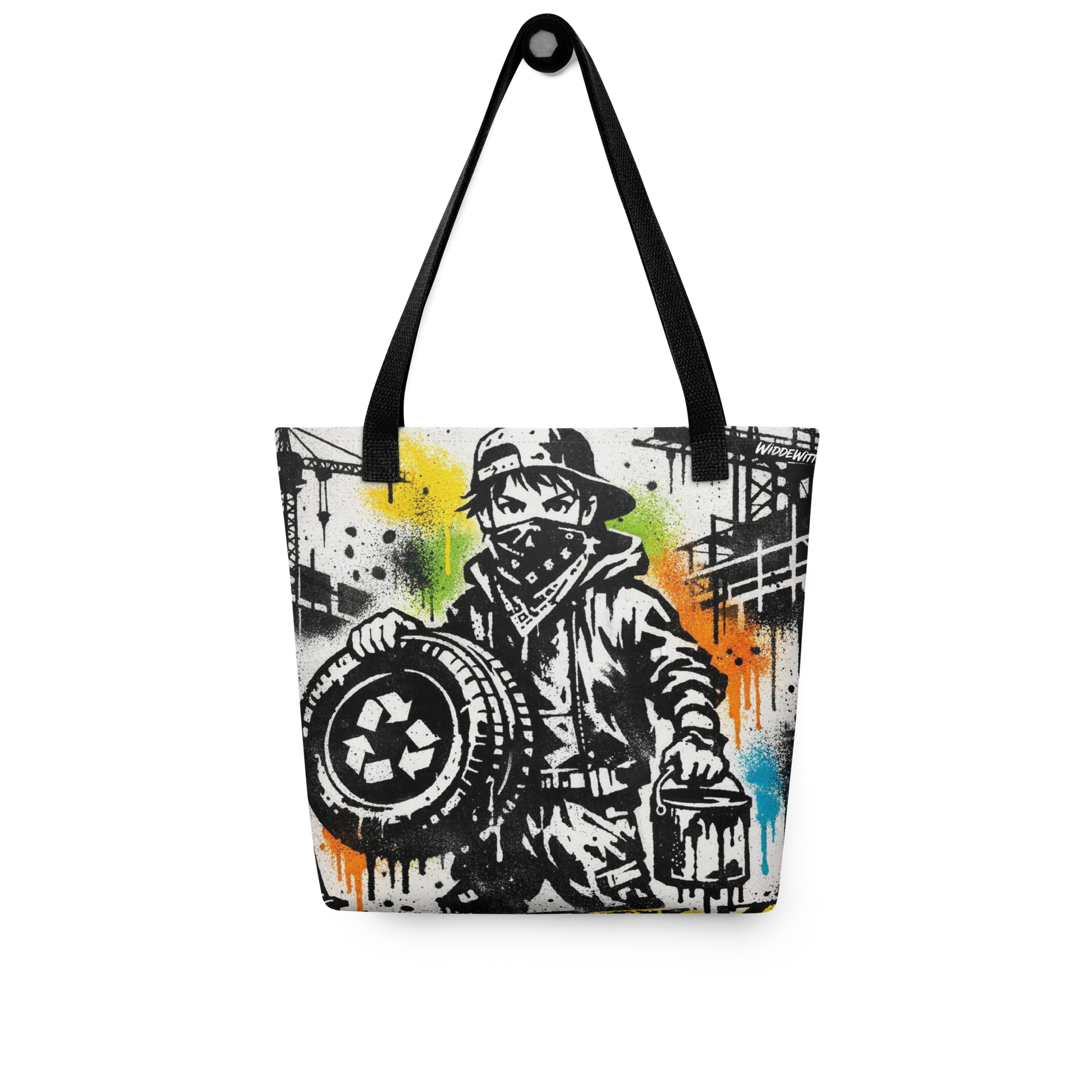 All Over Stoffbeutel mit Mann mit Bandana hält Autoreifen und Farbeimer im Streetart Look