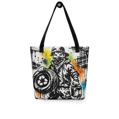 All Over Stoffbeutel mit Mann mit Bandana hält Autoreifen und Farbeimer im Streetart Look
