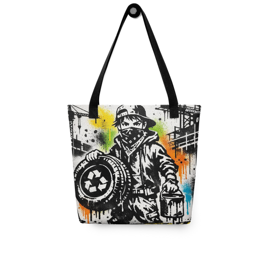 All Over Stoffbeutel mit Mann mit Bandana hält Autoreifen und Farbeimer im Streetart Look