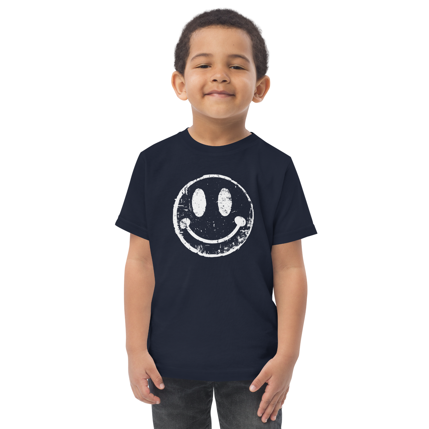 Junge trägt navy T-Shirt mit minimalistischem Smiley Graffiti Print