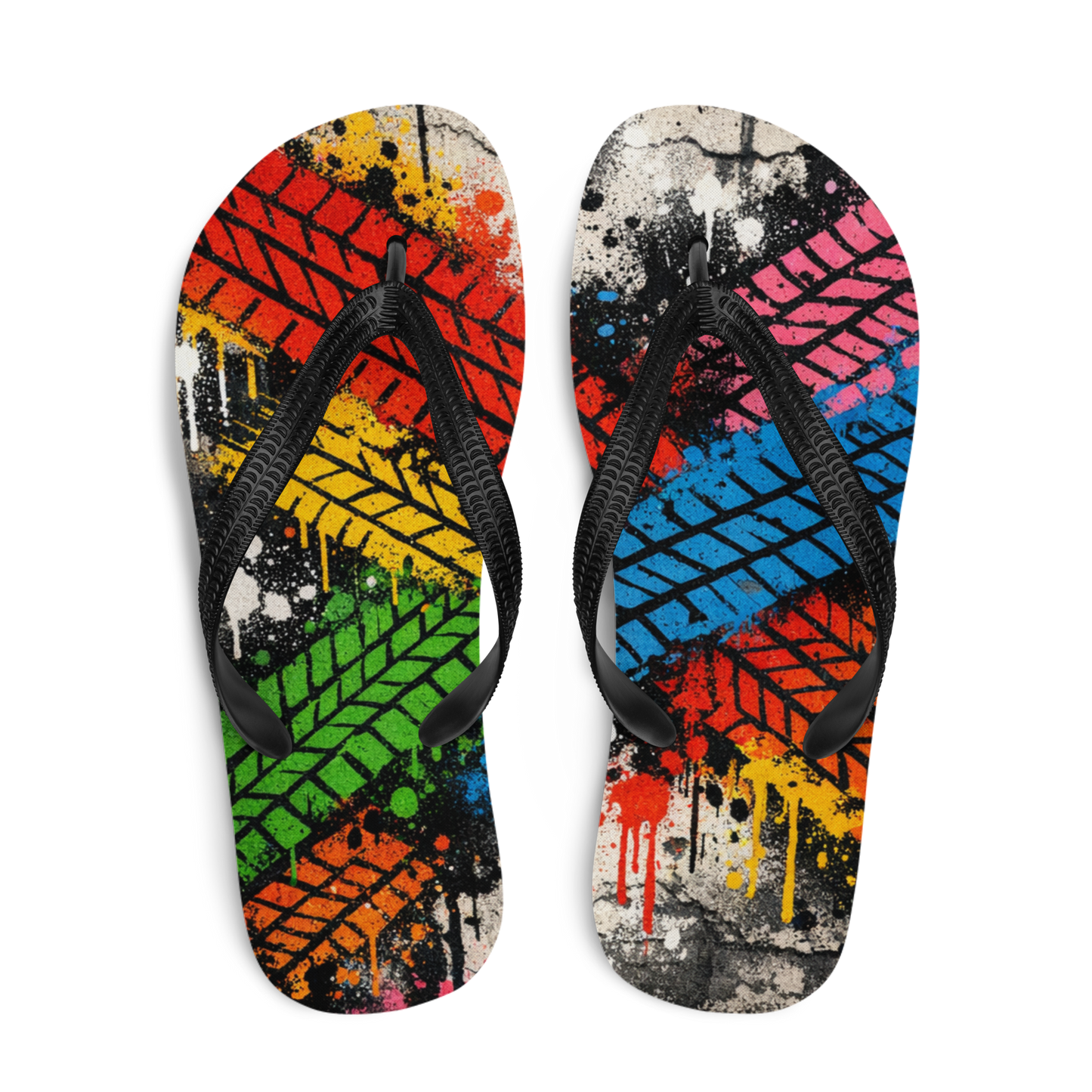 Flip Flops mit bunten Reifenspuren im Streetart Style bedruckt