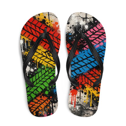 Flip Flops mit bunten Reifenspuren im Streetart Style bedruckt