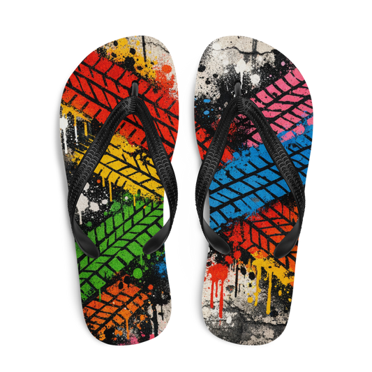 Flip Flops mit bunten Reifenspuren im Streetart Style bedruckt