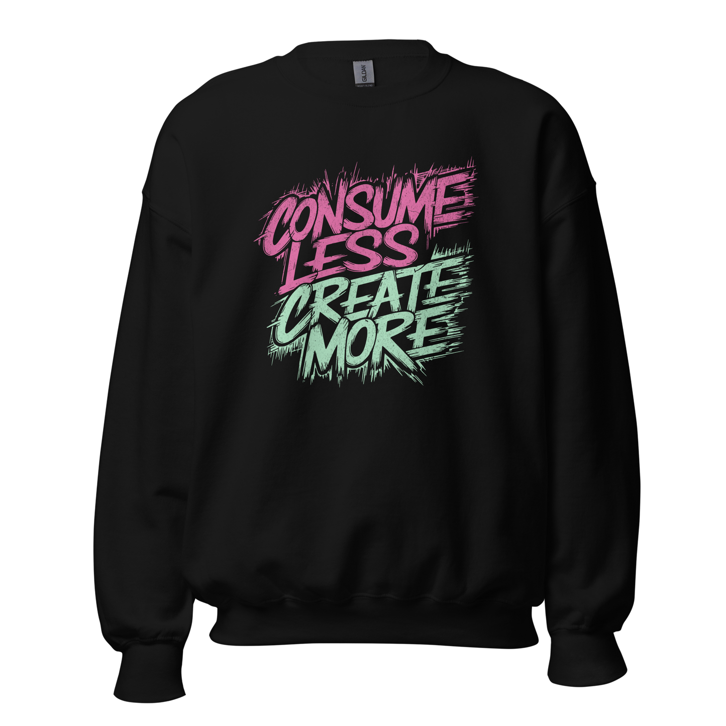 Schwarzer Pullover mit Consume Less, Create More Print