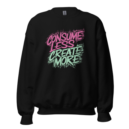 Schwarzer Pullover mit Consume Less, Create More Print
