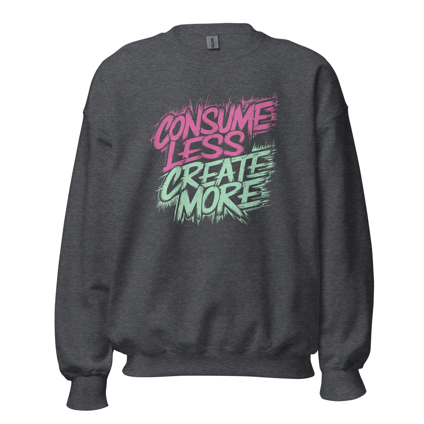 Dunkelgrauer Heather Pullover mit Consume Less, Create More Print