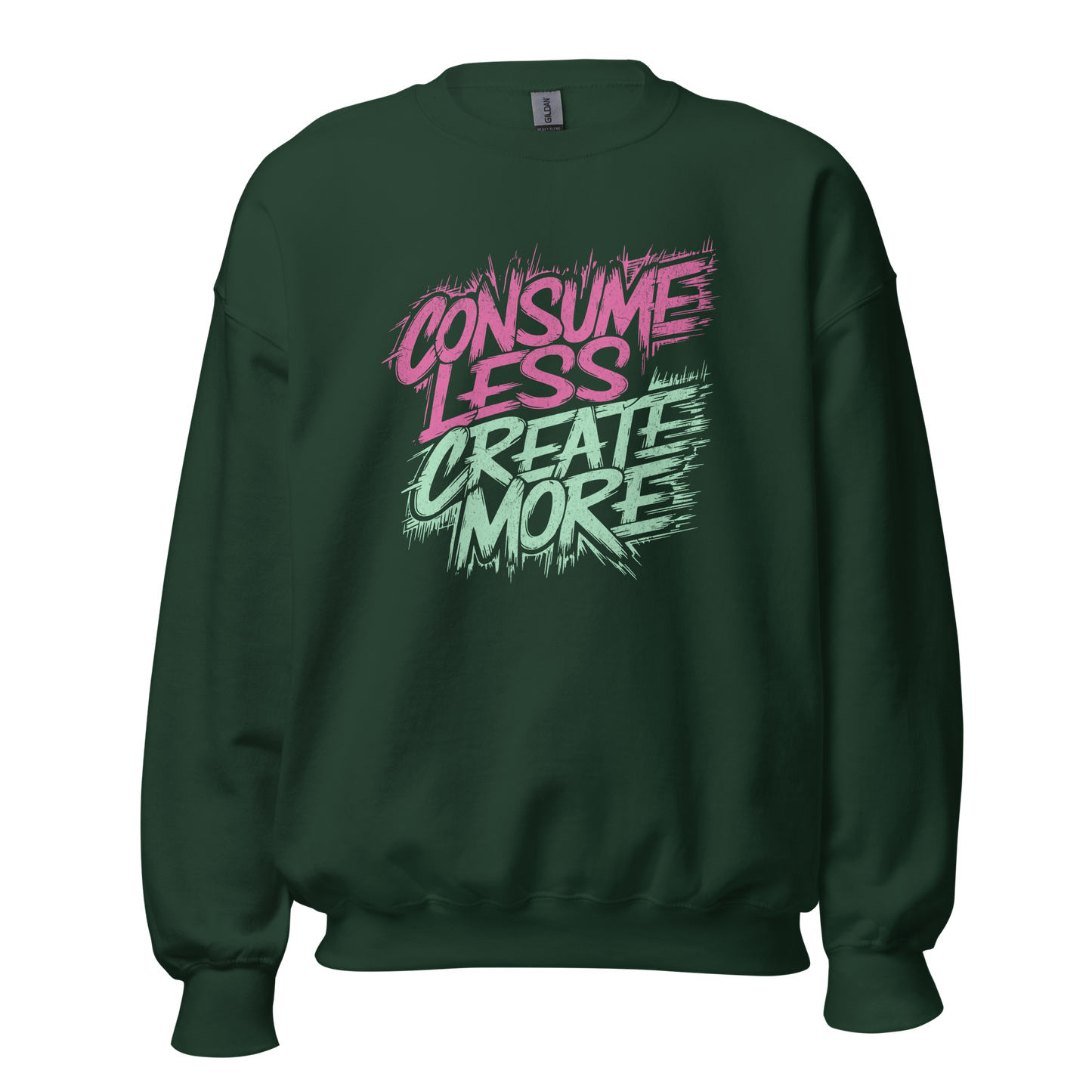 Waldgrüner Pullover mit Consume Less, Create More Print