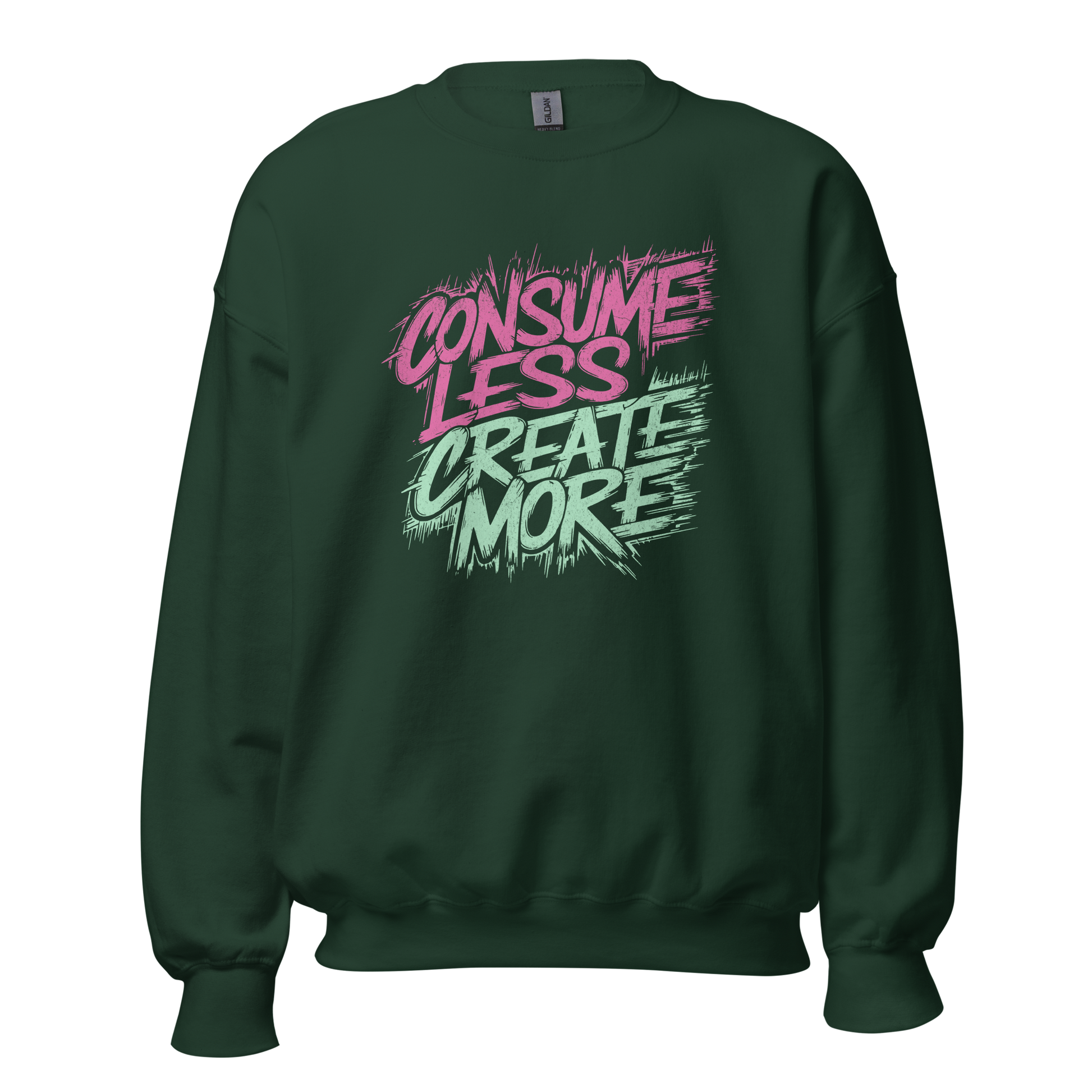 Waldgrüner Pullover mit Consume Less, Create More Print