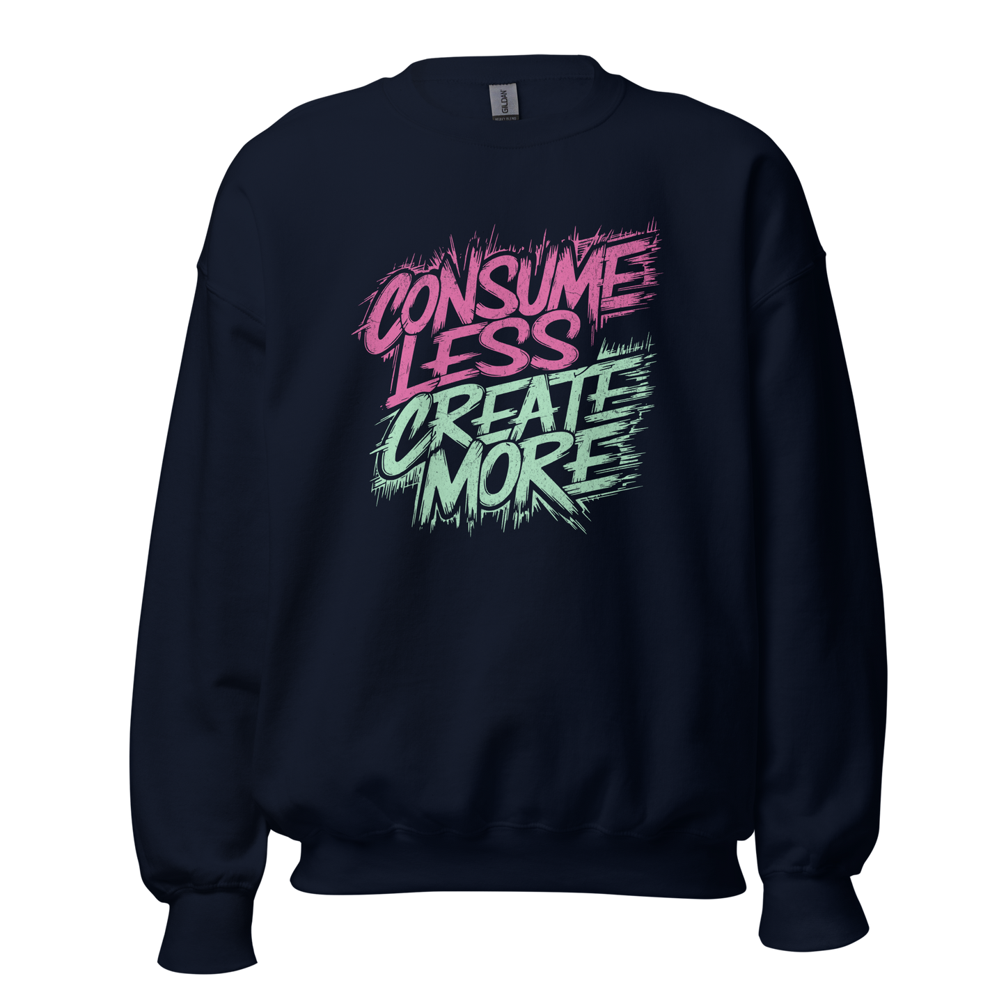 Navy Pullover mit Consume Less, Create More Print