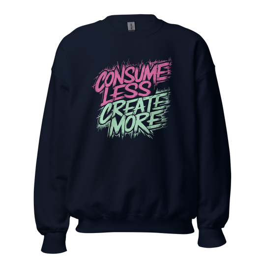 Navy Pullover mit Consume Less, Create More Print