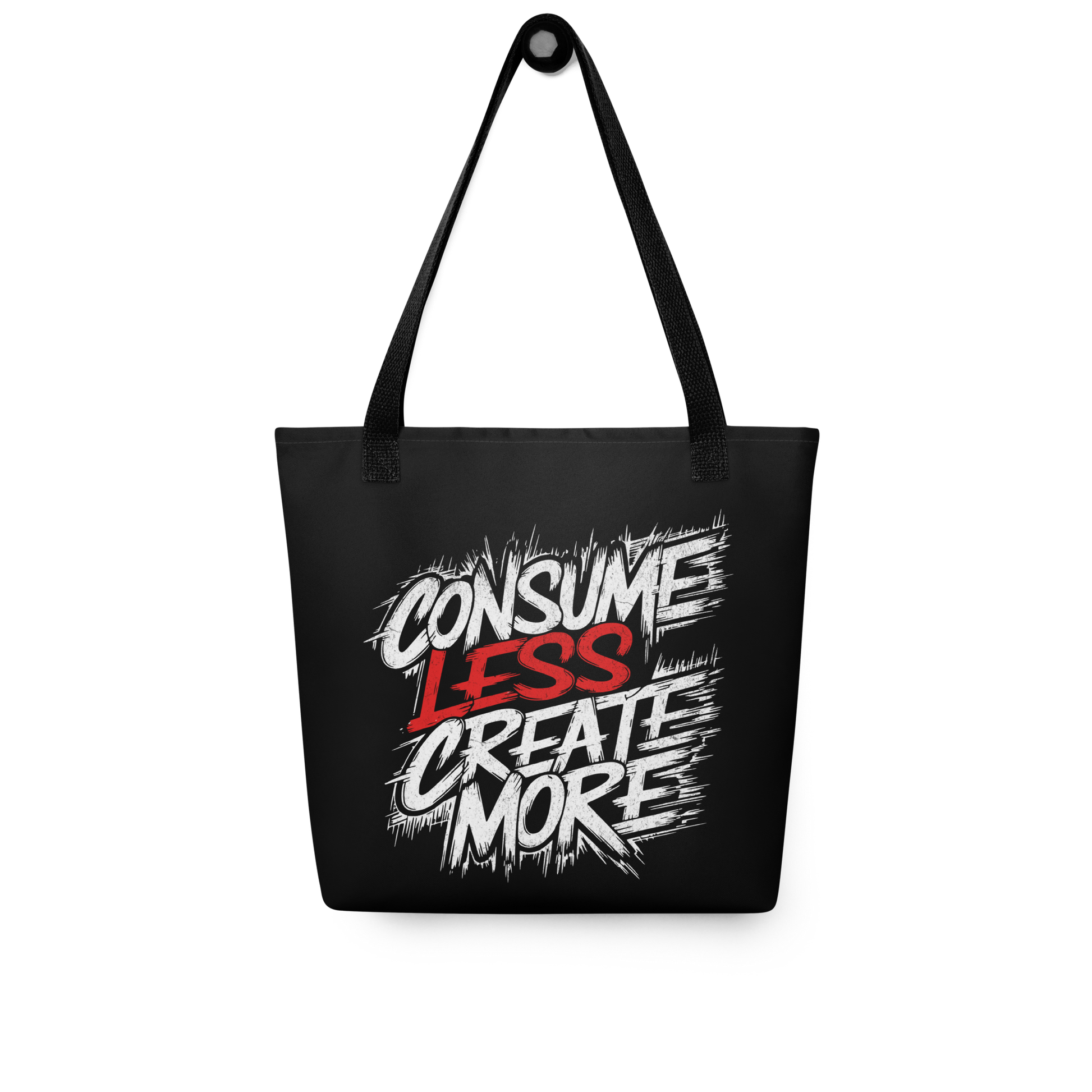 Schwarzer All-Over Stoffbeutel mit Consume Less, Create More Schriftzug und schwarzem Henkel