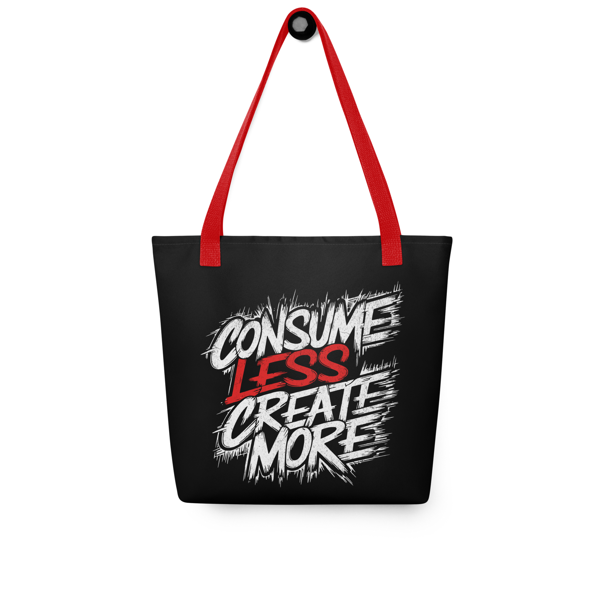 Schwarzer All-Over Stoffbeutel mit Consume Less, Create More Schriftzug und rotem Henkel