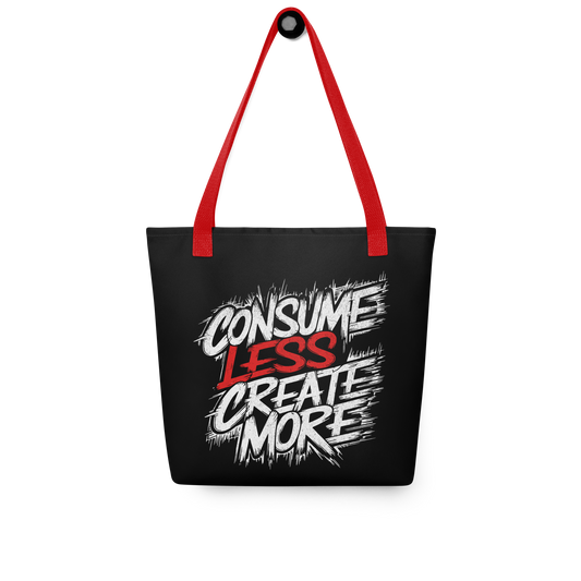 Schwarzer All-Over Stoffbeutel mit Consume Less, Create More Schriftzug und rotem Henkel