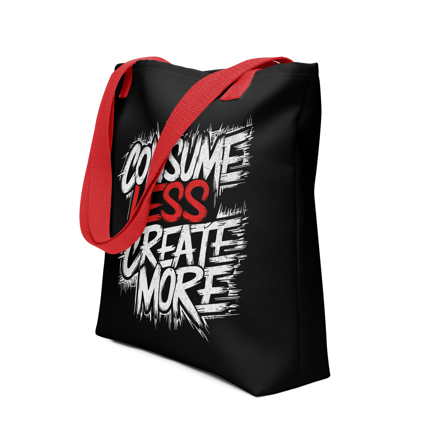 Schwarzer All-Over Stoffbeutel mit Consume Less, Create More Schriftzug und rotem Henkel, Seitenansicht