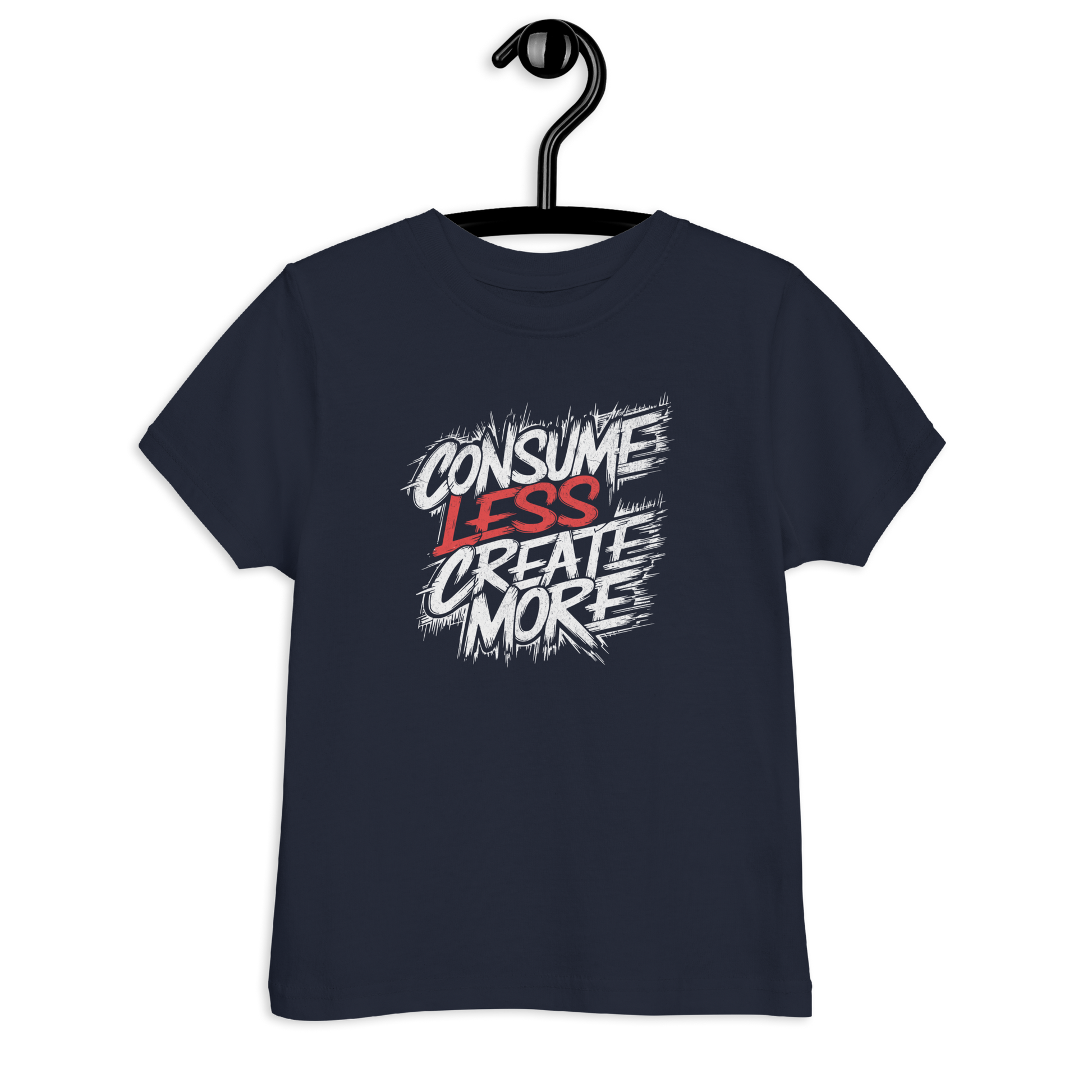 Navy Kinder T-Shirt mit   Consume Less, Create More Schriftzug im Streetart Style