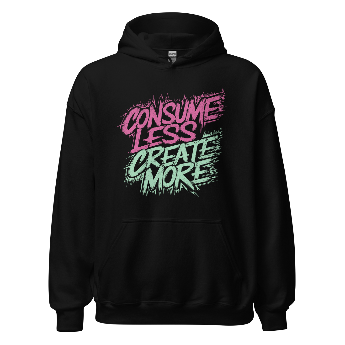 Schwarzer Unisex Pullover mit Consume Less, Create More Print