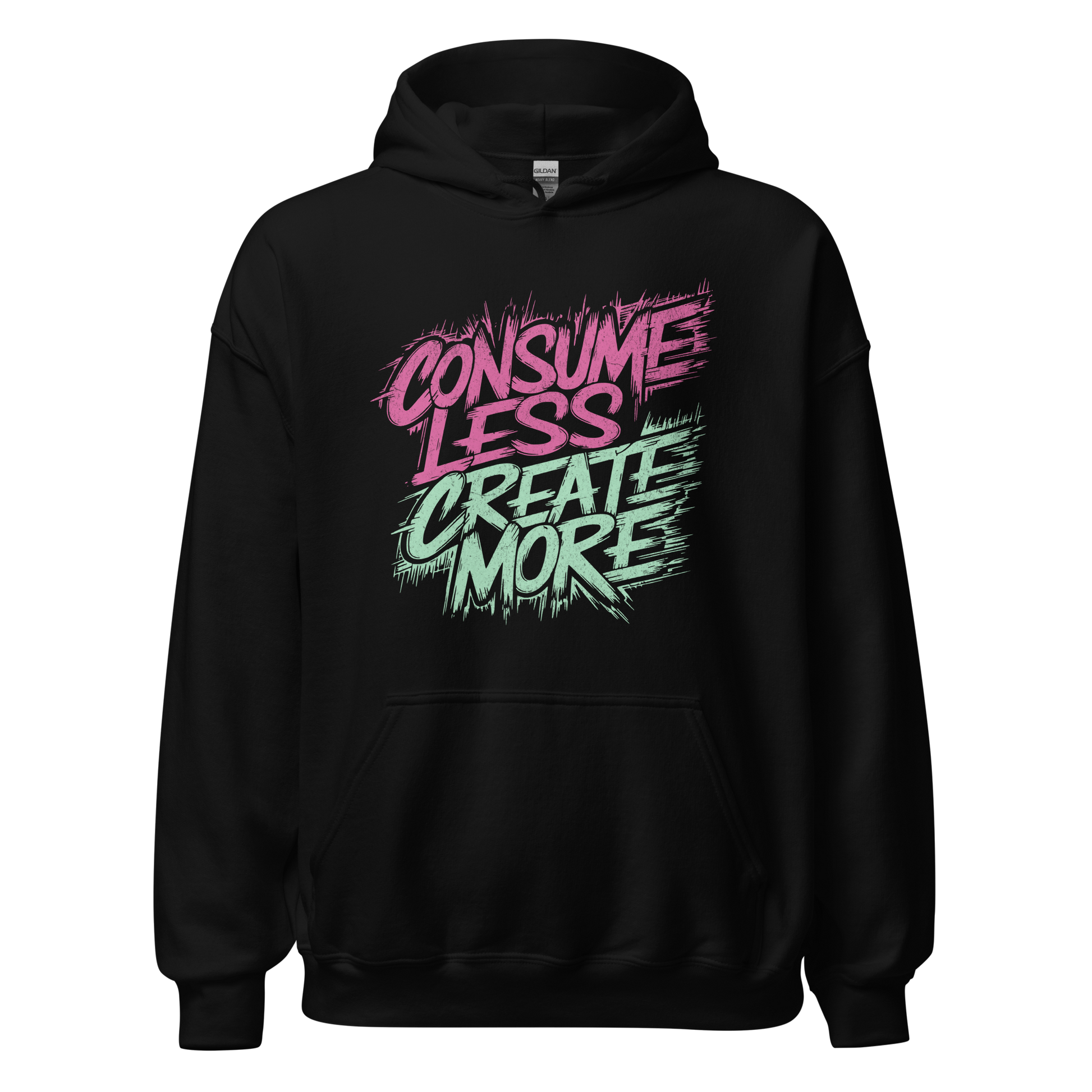 Schwarzer Unisex Pullover mit Consume Less, Create More Print