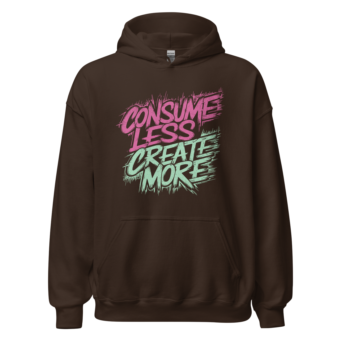 Braunes Unisex Pullover mit Consume Less, Create More Print