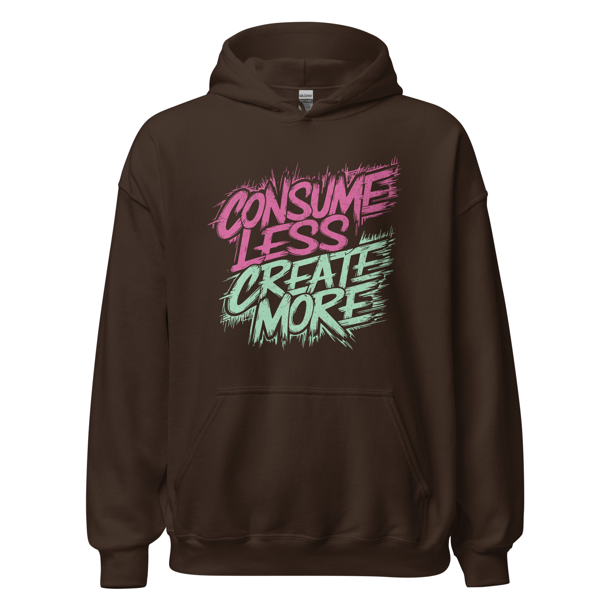 Braunes Unisex Pullover mit Consume Less, Create More Print