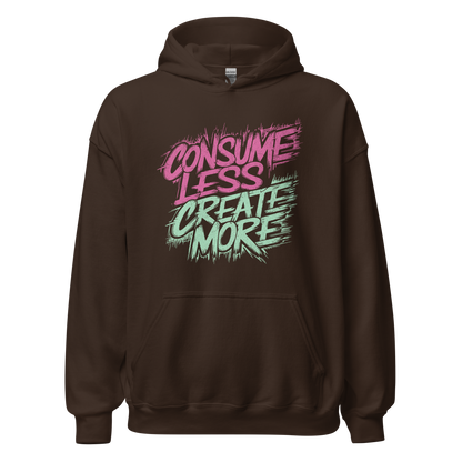 Braunes Unisex Pullover mit Consume Less, Create More Print