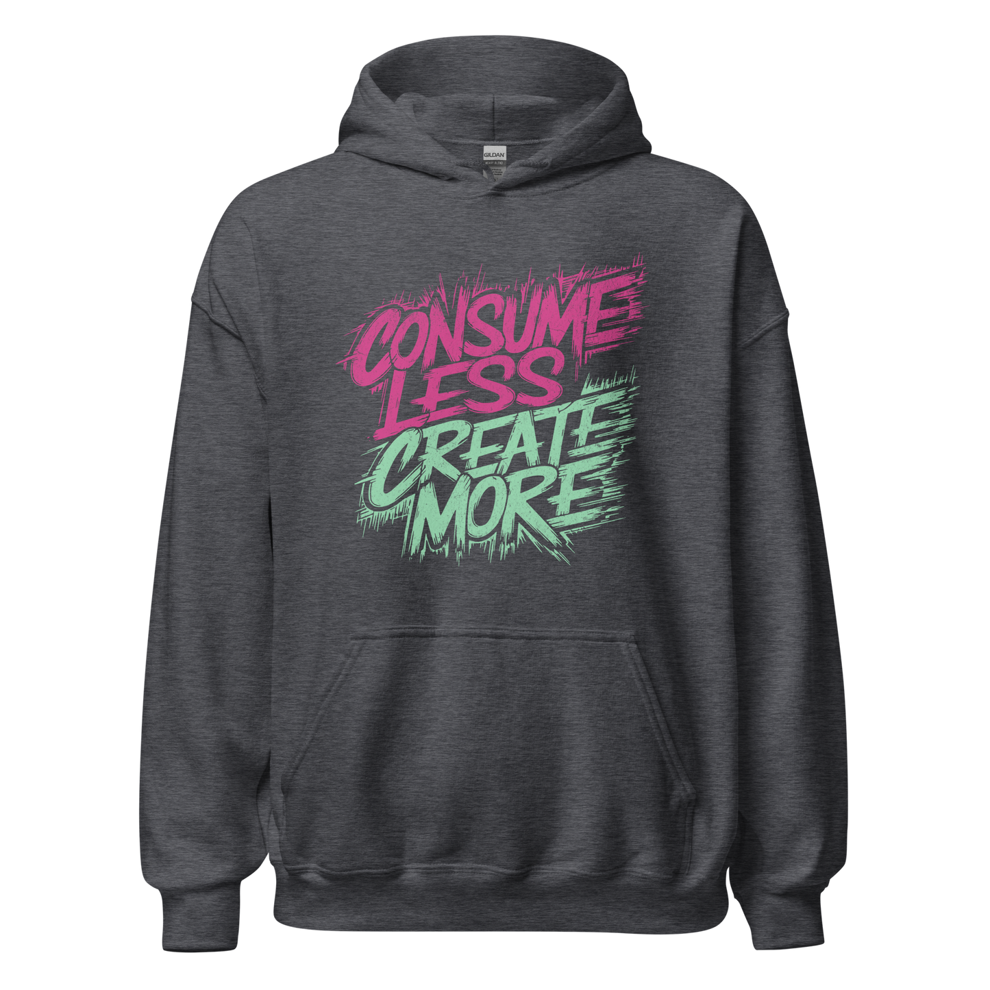 Grauer Heather Unisex Pullover mit Consume Less, Create More Print