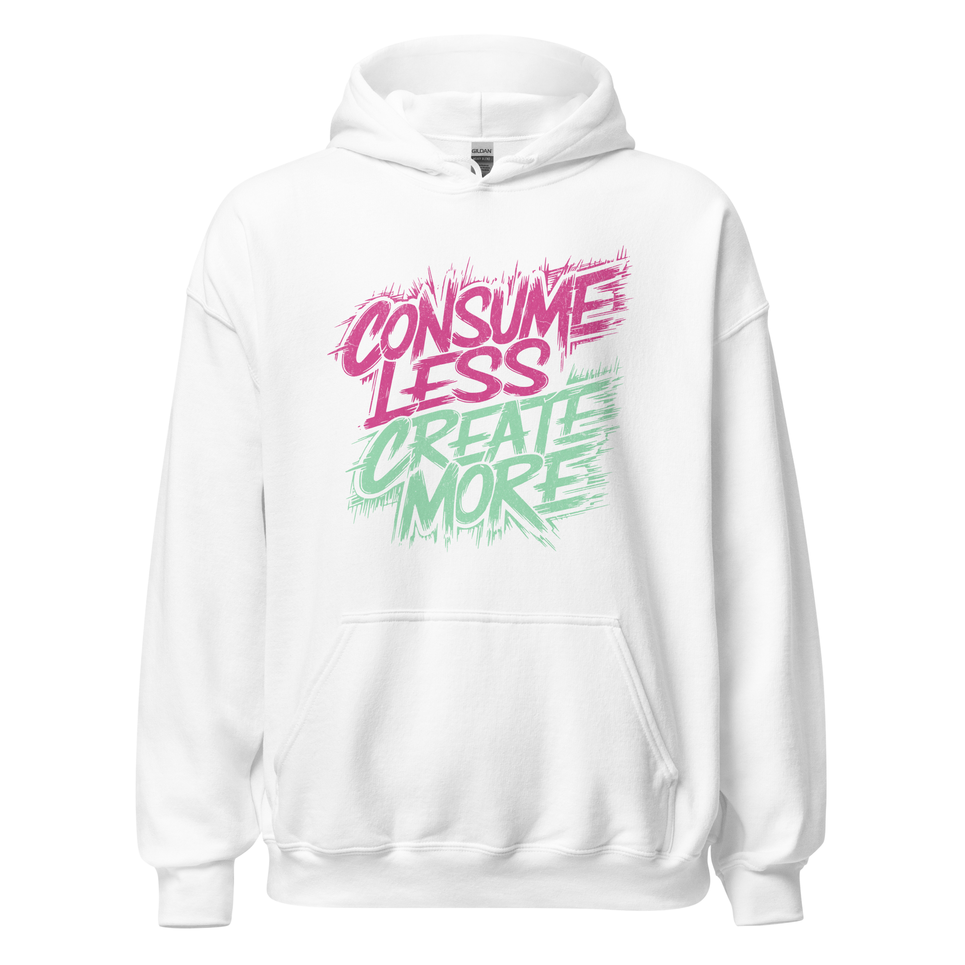 Weißer Unisex Pullover mit Consume Less, Create More Print