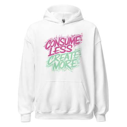 Weißer Unisex Pullover mit Consume Less, Create More Print