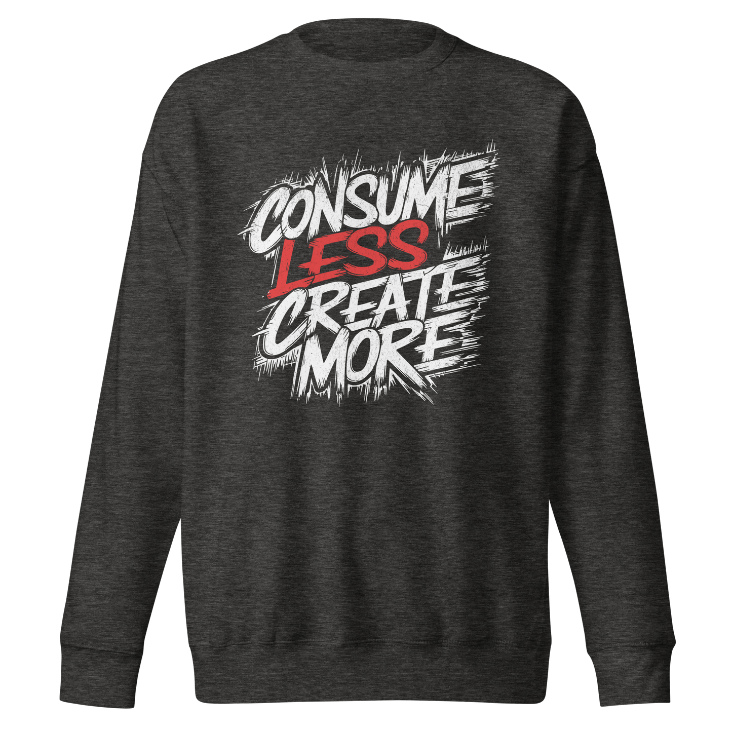 Heather grauer Unisex Pullover mit Consume Less, Create More Schriftzug im Streetart Style